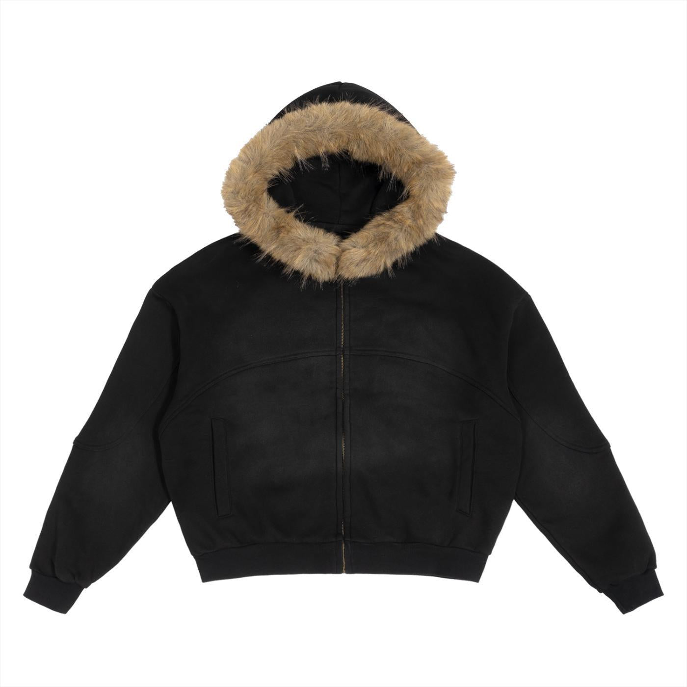 Black sun fade boxy hoodie with detachable brown faux fur trim, cotton blend, oversized fit.