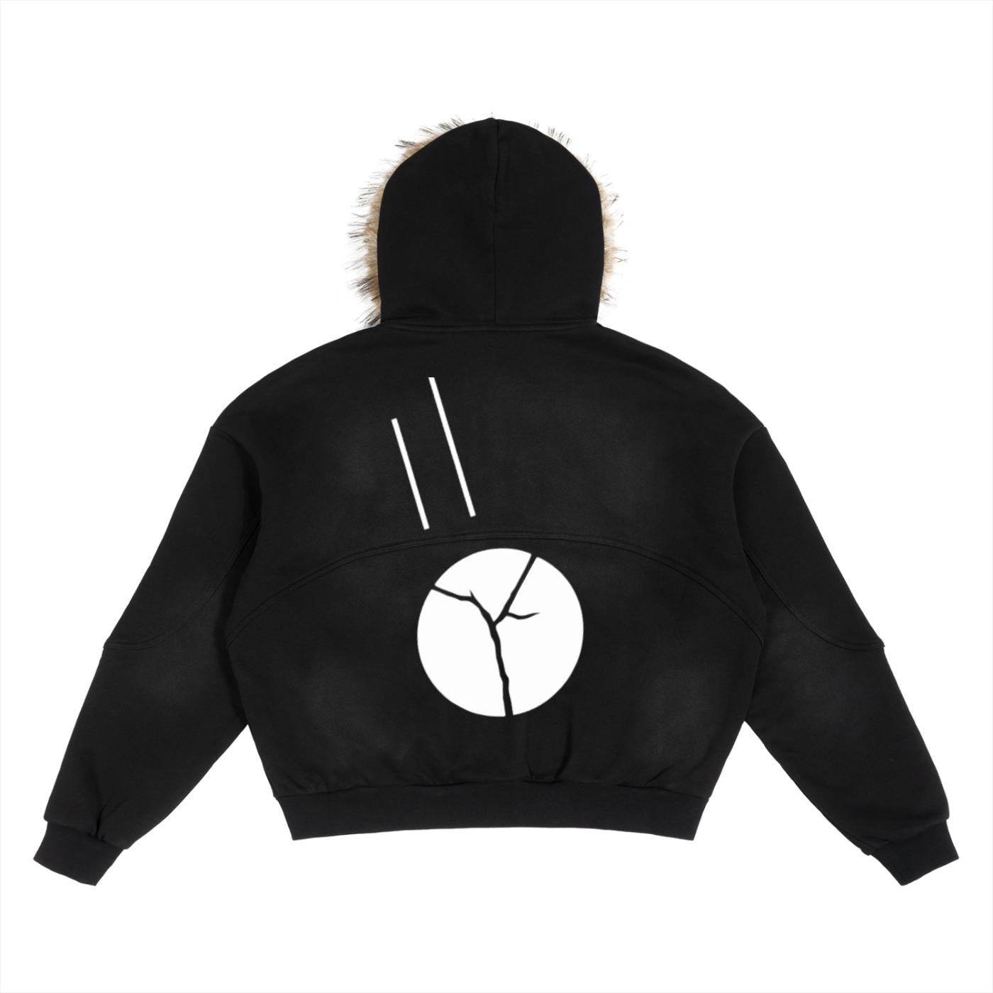 Black boxy hoodie with detachable fur trim, white graphic print, and drop shoulders.