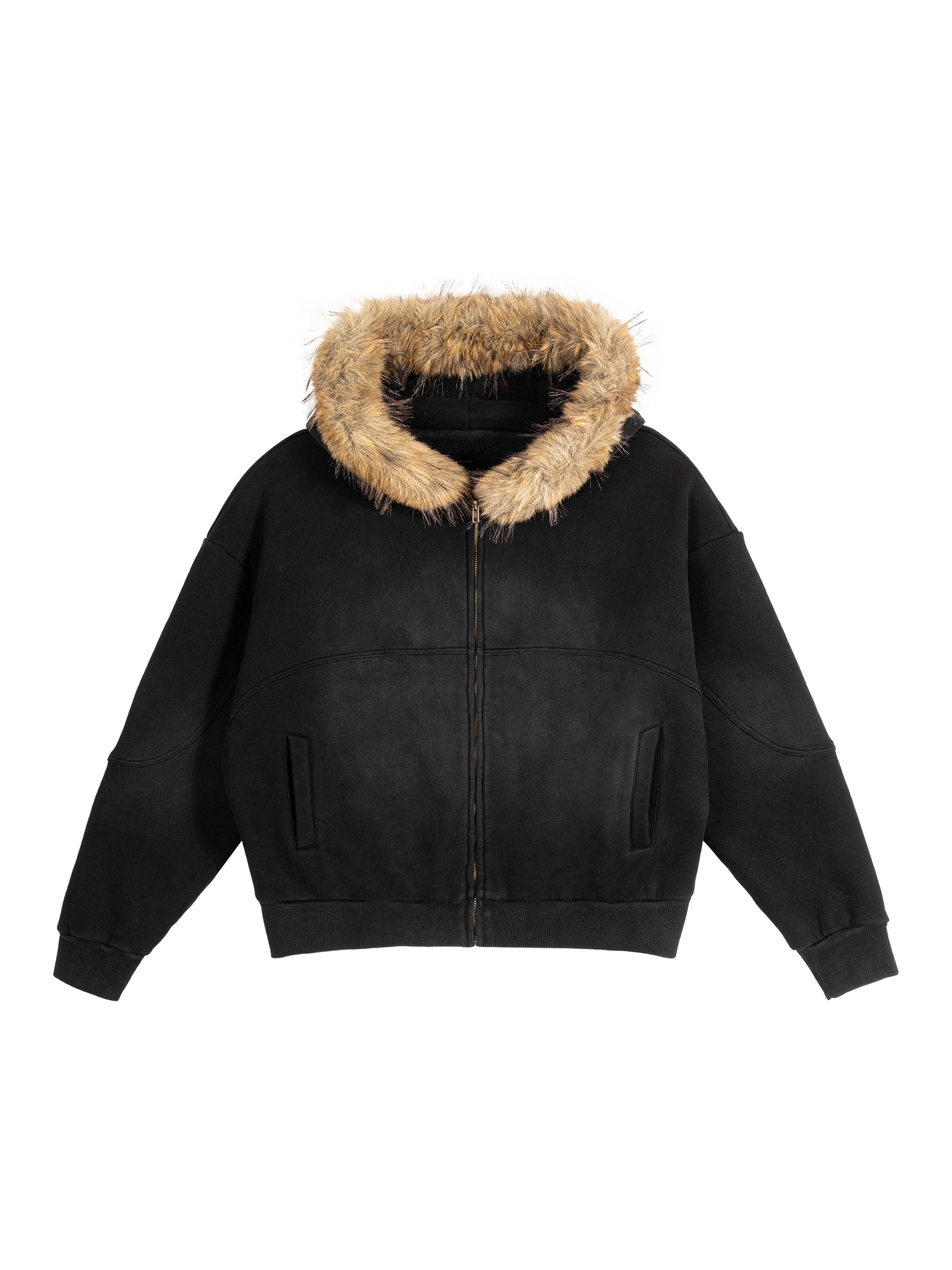 Black oversized sun fade boxy hoodie with a detachable brown fur trim and full zip.
