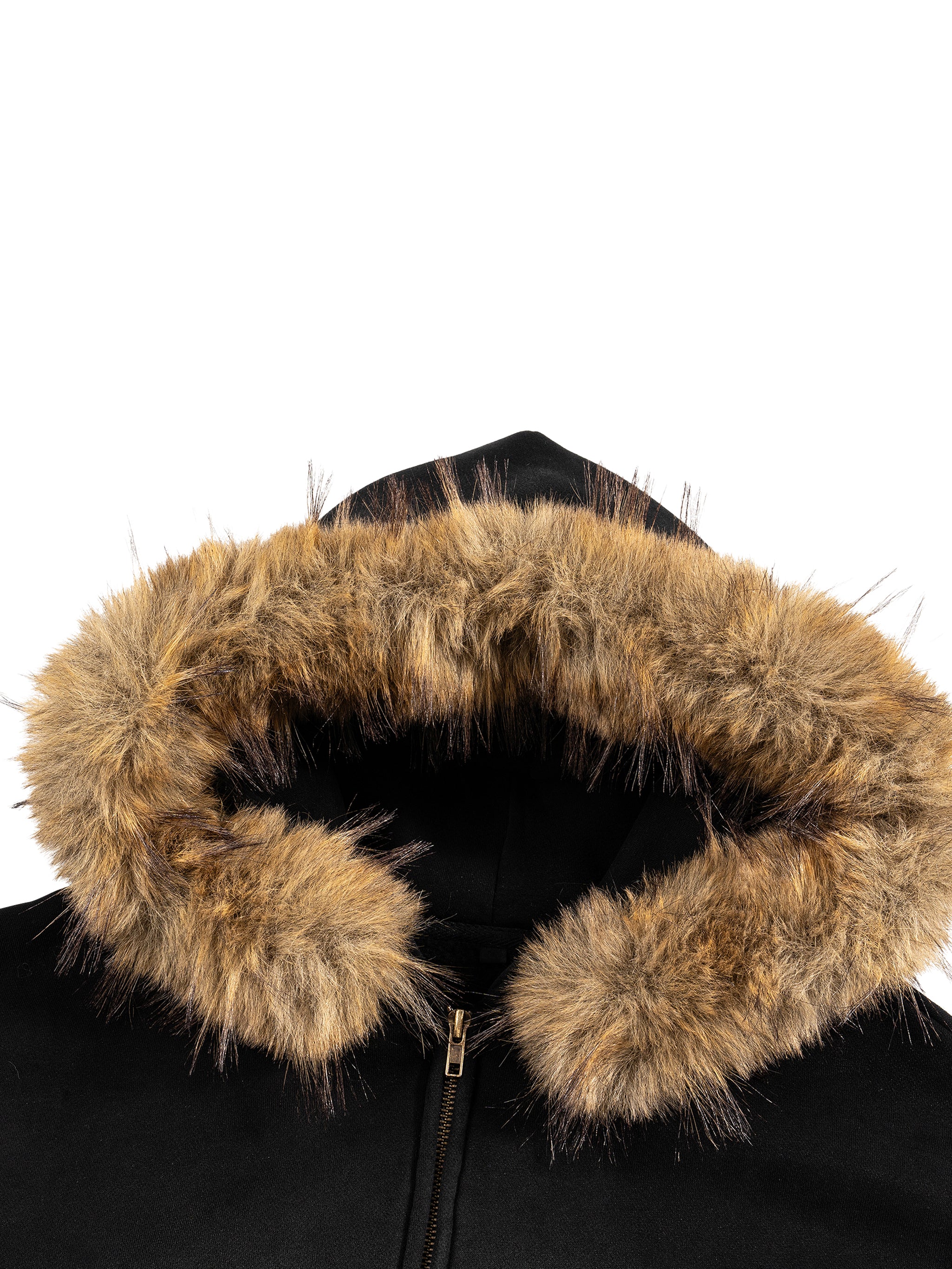 Close-up of a black Sun Fade Boxy Detachable Fur Hoodie with a brown faux fur trim and zipper.