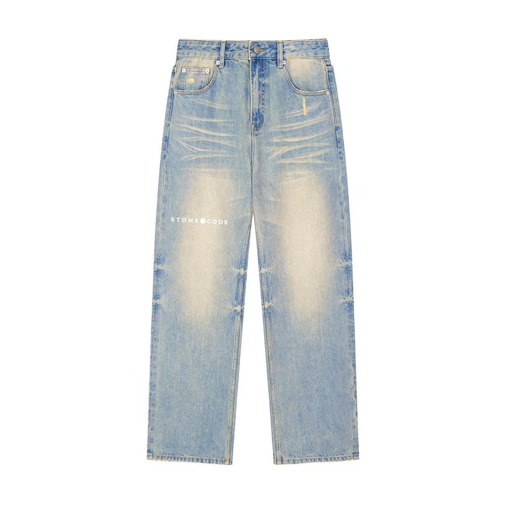 Unisex sun fade raw hem denim jeans with distressed details and "STONE@CODE" logo.
