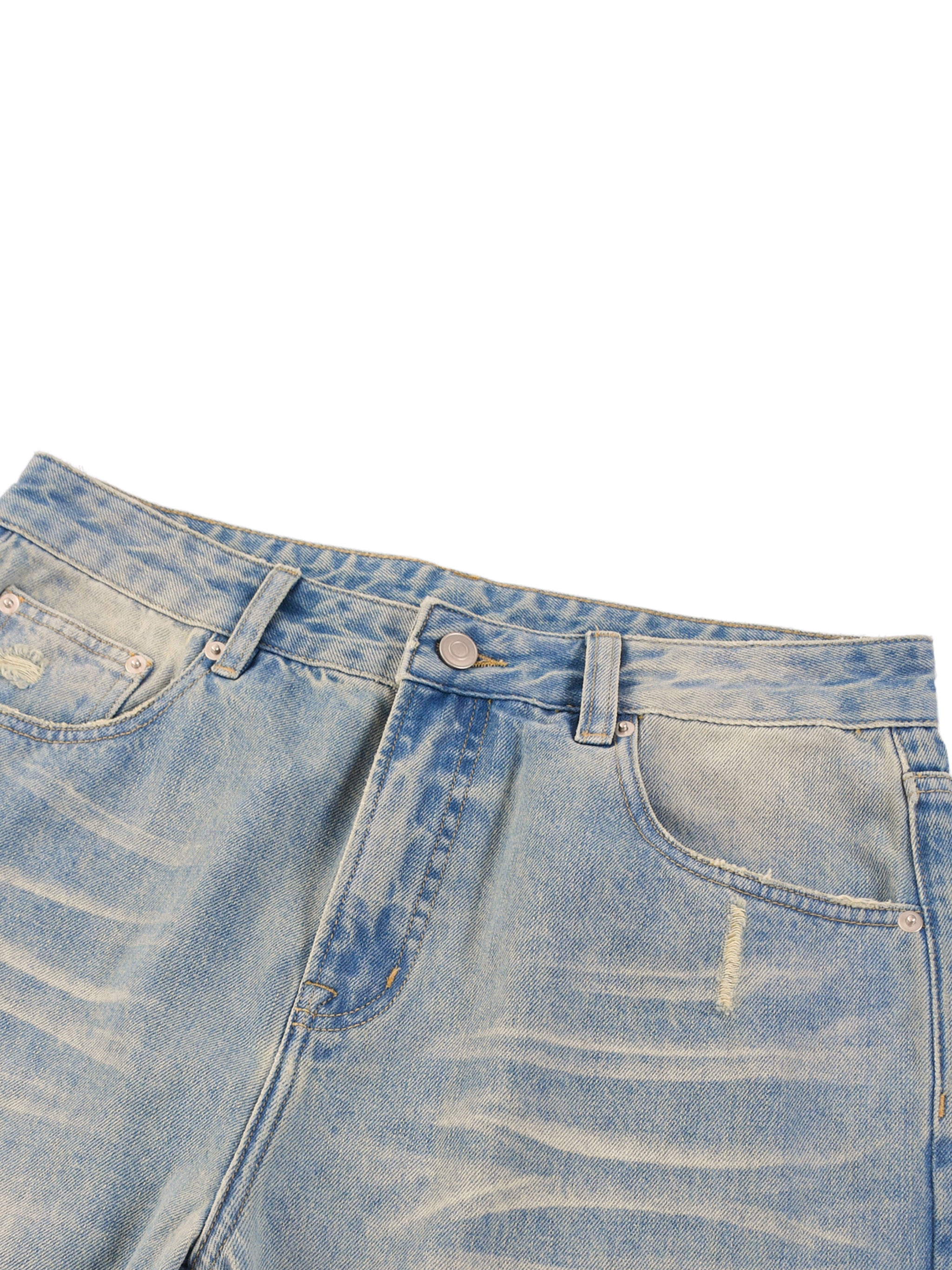Sun fade raw hem denim jeans, light blue washed fabric with frayed details and pockets.