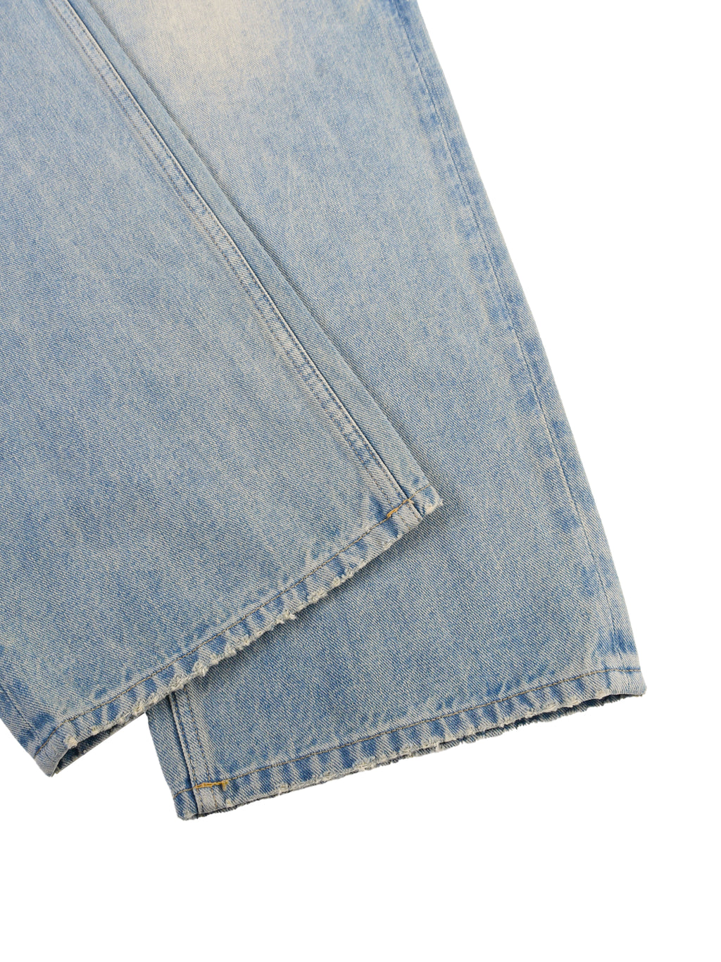 Sun fade light blue raw hem wide leg denim jeans with frayed edges.