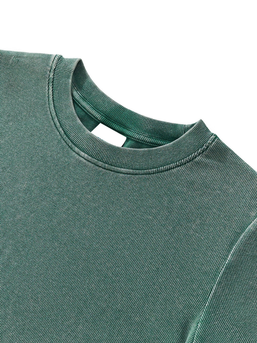 Close-up of a vintage washed bodycon cotton t-shirt in a dark green shade, showing the ribbed round neck.