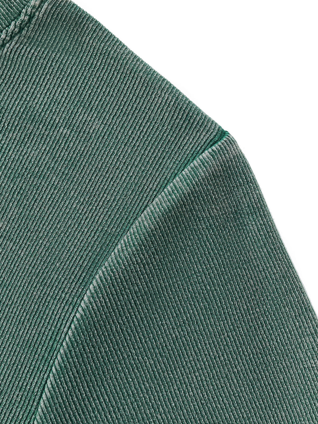 Close-up of a vintage washed dark green ribbed cotton blend bodycon t-shirt shoulder seam.