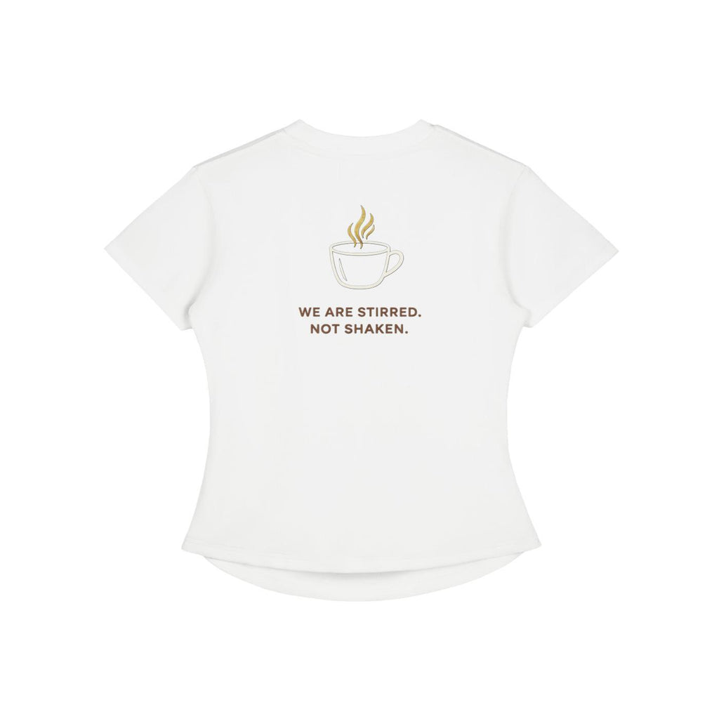White vintage washed bodycon cotton t-shirt with "WE ARE STIRRED. NOT SHAKEN." text and coffee cup graphic on back.