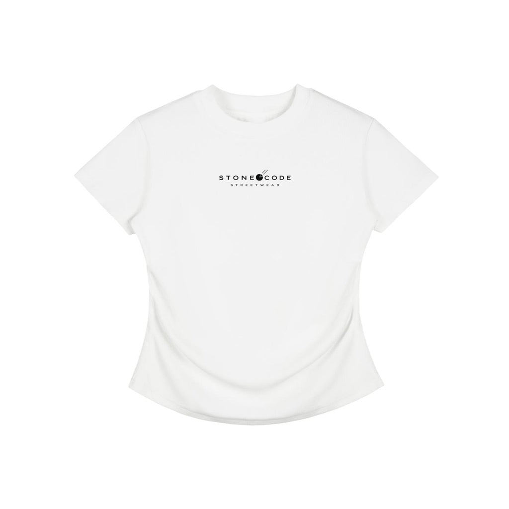 White vintage washed bodycon cotton t-shirt with short sleeves, round neck, and "STONE CODE STREETWEAR" logo.