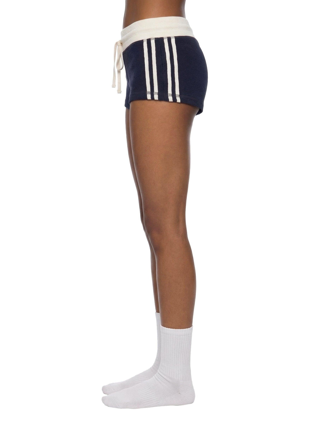 Women's navy contrast stripe track shorts with white waistband, drawstring, and side stripes.